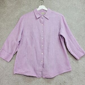 LLBean Womens Linen Button Up Shirt Light Purple Pink Medium 3/4 Sleeve Classic